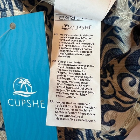 Cupshe Asymmetrical One Shoulder Pleated Blue Damask and Cream Mini Dress Large - Picture 10 of 14